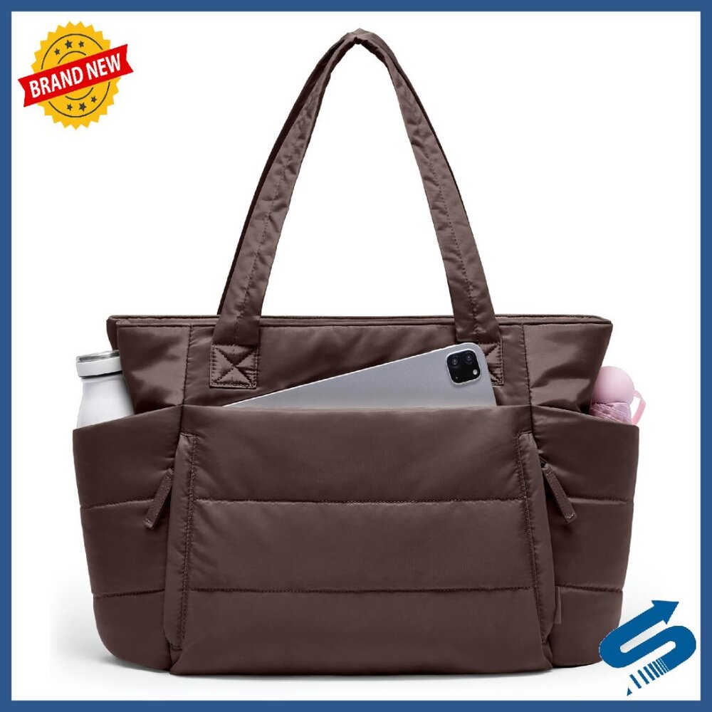 Quilted Puffer Tote Bag With Zipper, Laptop Compartment, Luggage Sleeve